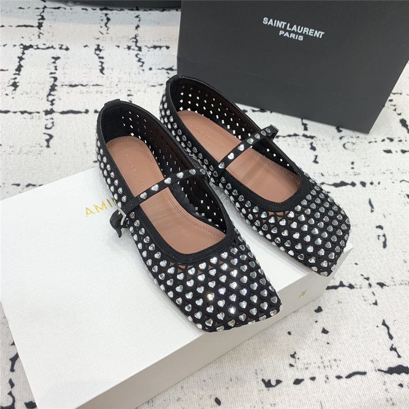 Amina Muaddi ANE Crystal Heart Flats Black