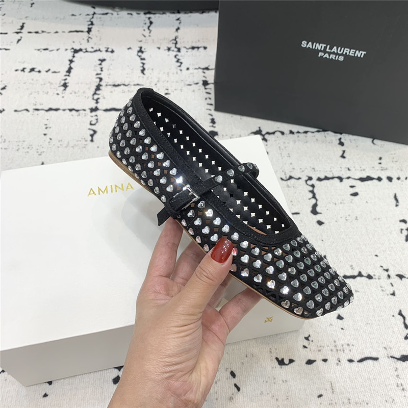 Amina Muaddi ANE Crystal Heart Flats Black