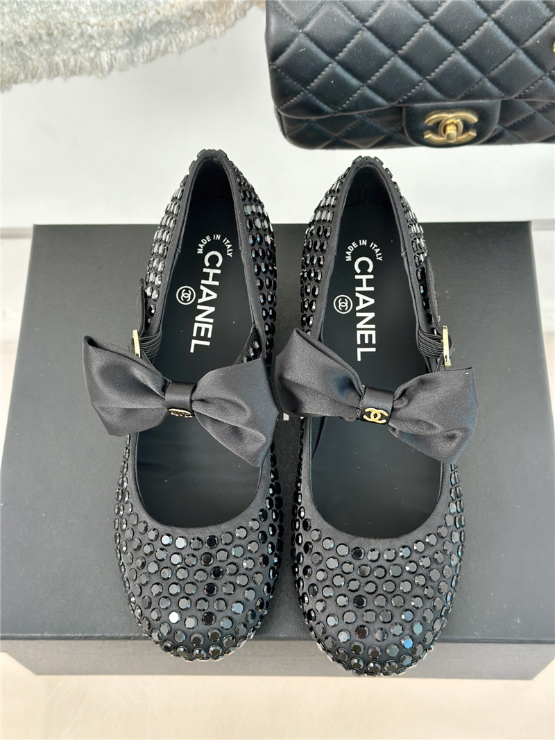 Ch**el bow mary jane sandals in black satin and studs