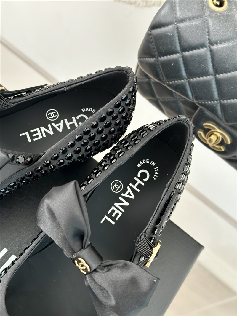 Ch**el bow mary jane sandals in black satin and studs