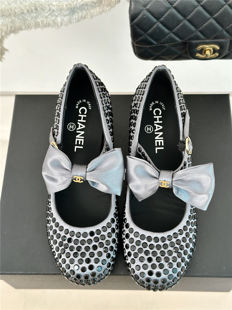 Ch**el bow mary jane sandals grey satin with studs
