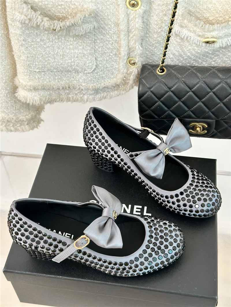 Ch**el bow mary jane sandals grey satin with studs