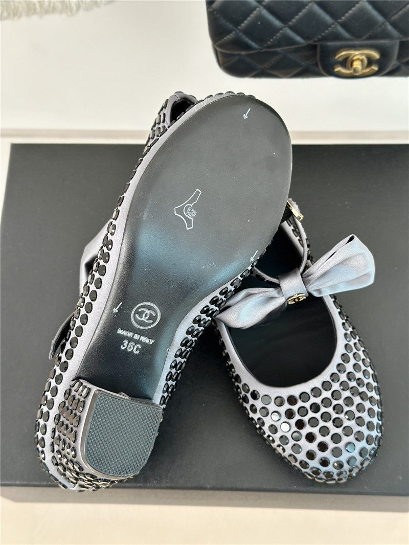 Ch**el bow mary jane sandals grey satin with studs
