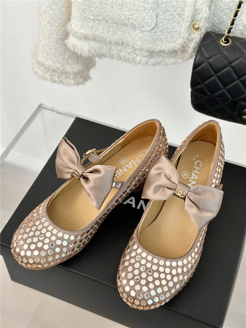 Ch**el bow mary jane sandals beige satin with studs