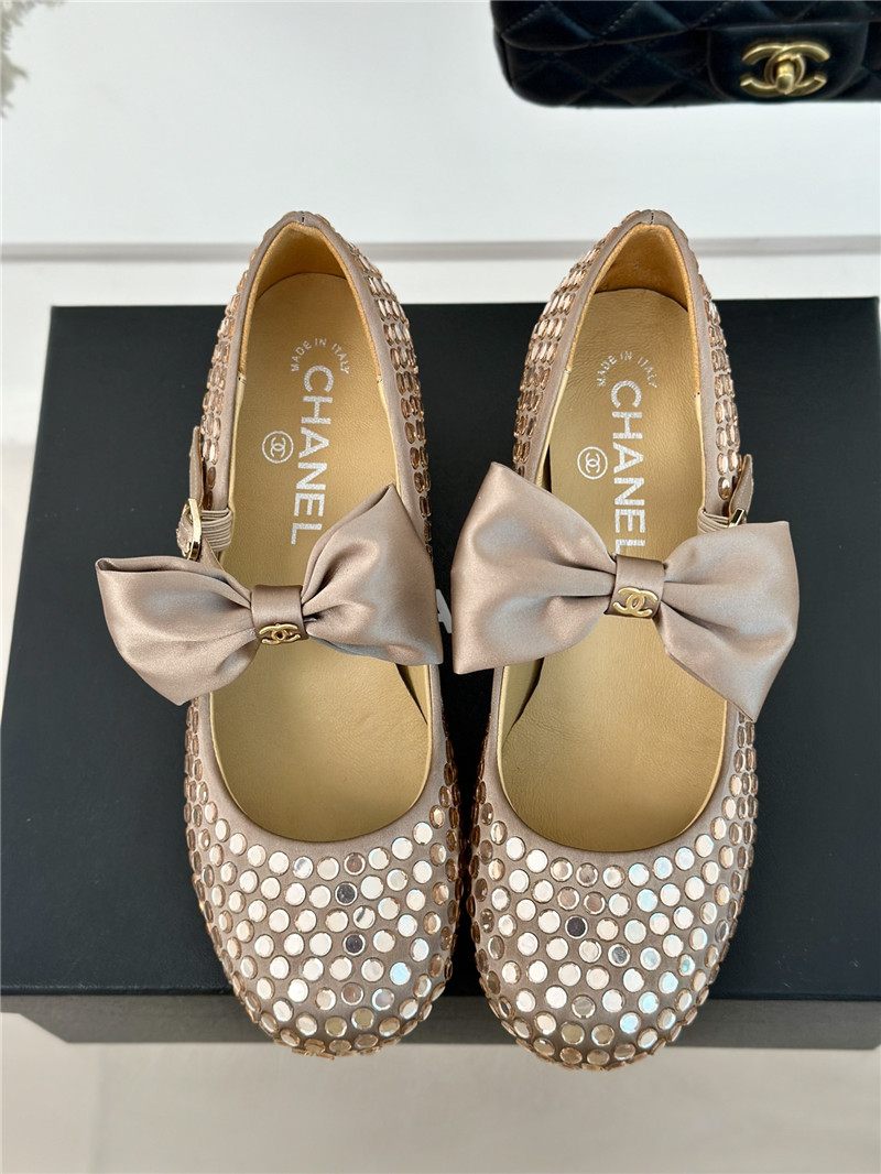 Ch**el bow mary jane sandals beige satin with studs