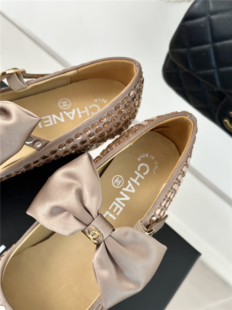 Ch**el bow mary jane sandals beige satin with studs