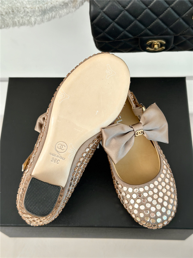 Ch**el bow mary jane sandals beige satin with studs