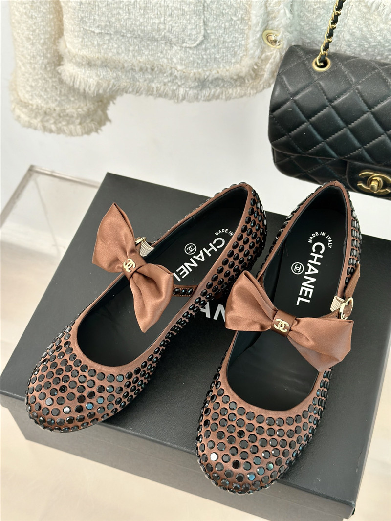 Ch**el bow mary jane sandals brown satin with studs