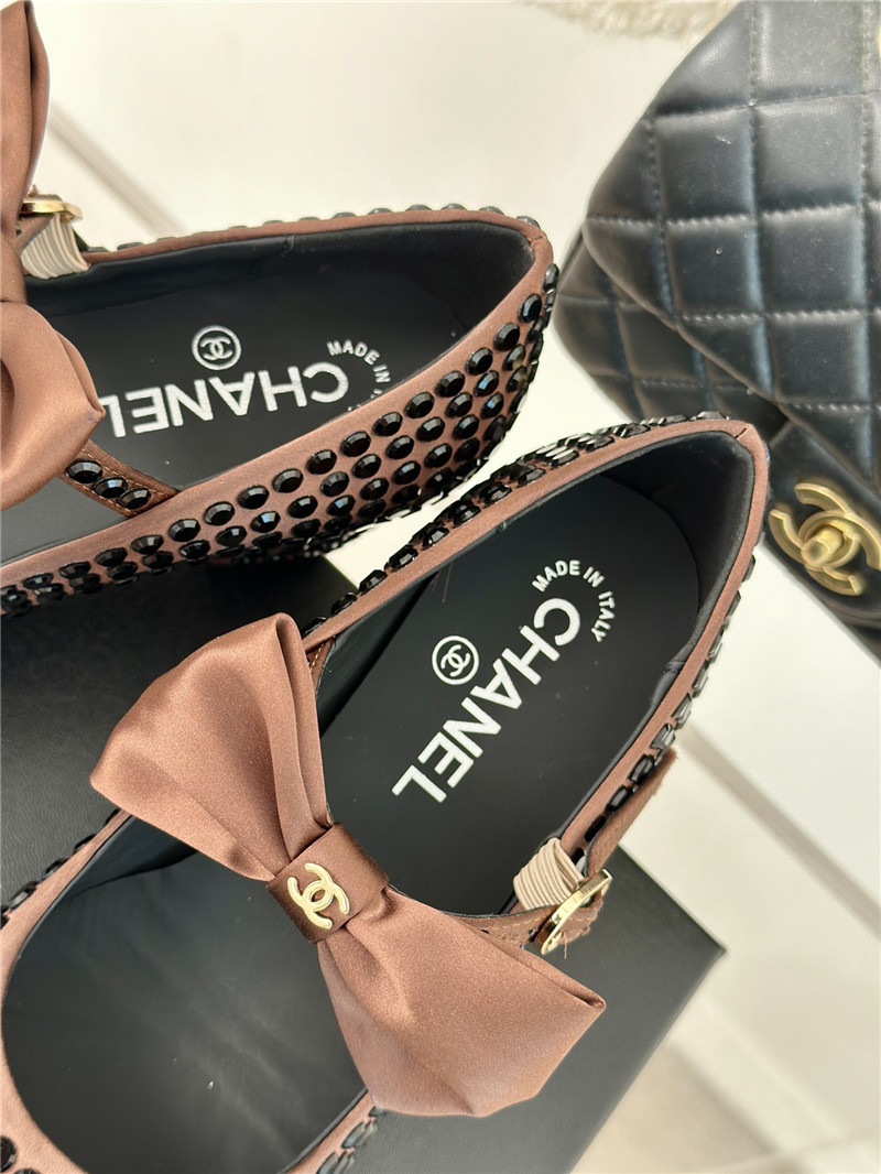 Ch**el bow mary jane sandals brown satin with studs