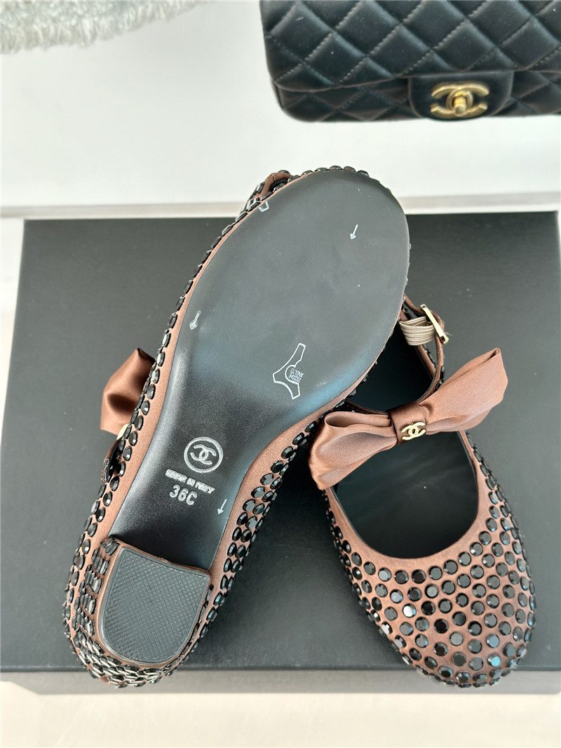 Ch**el bow mary jane sandals brown satin with studs