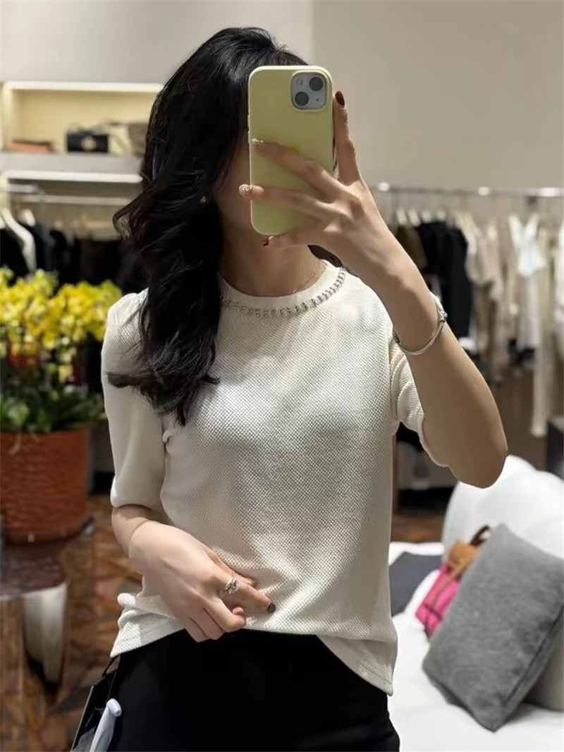 M1um1u acetate heavy beaded crew neck top