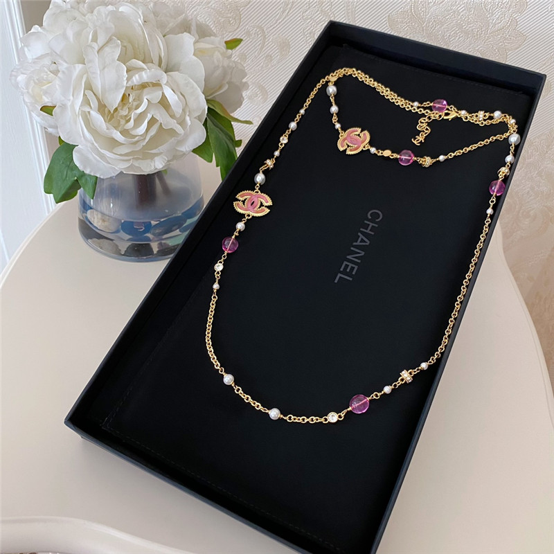 Ch**el pink crystal glass double c pearl long necklace