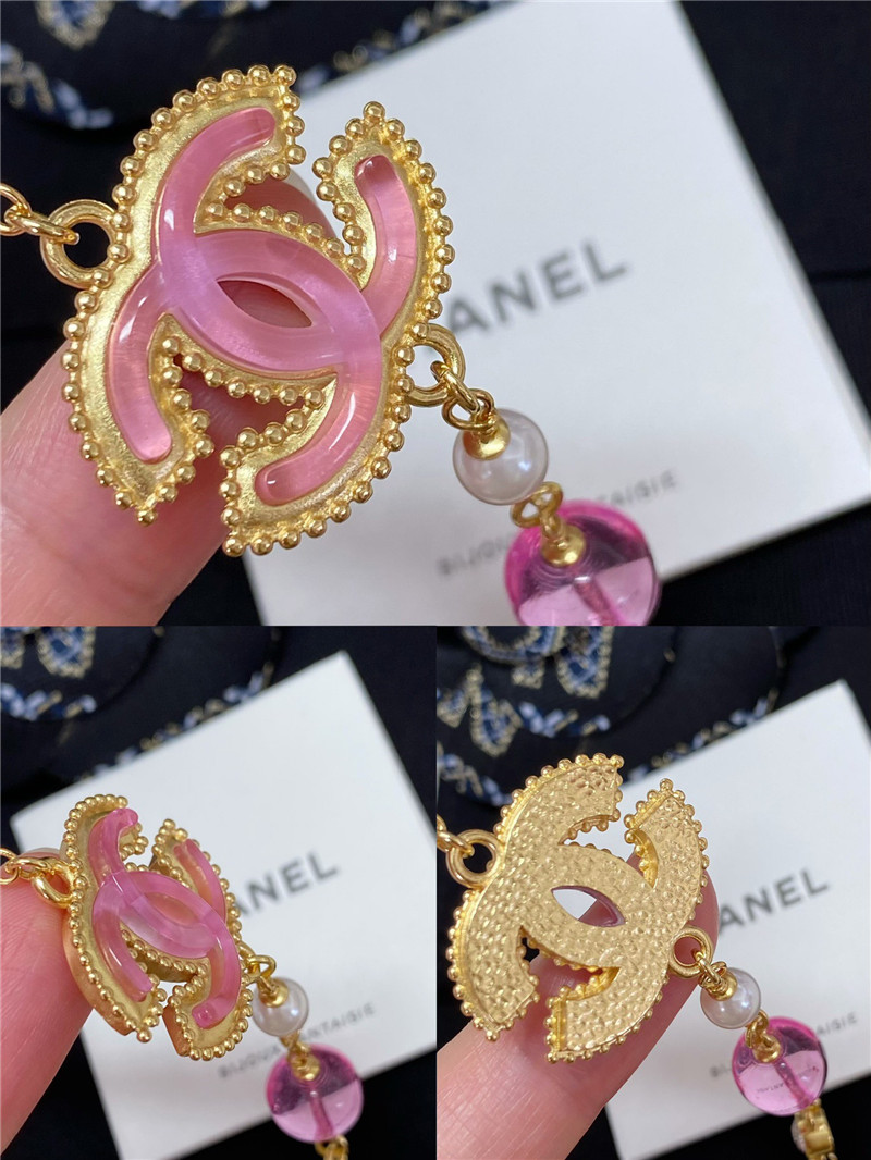 Ch**el pink crystal glass double c pearl long necklace