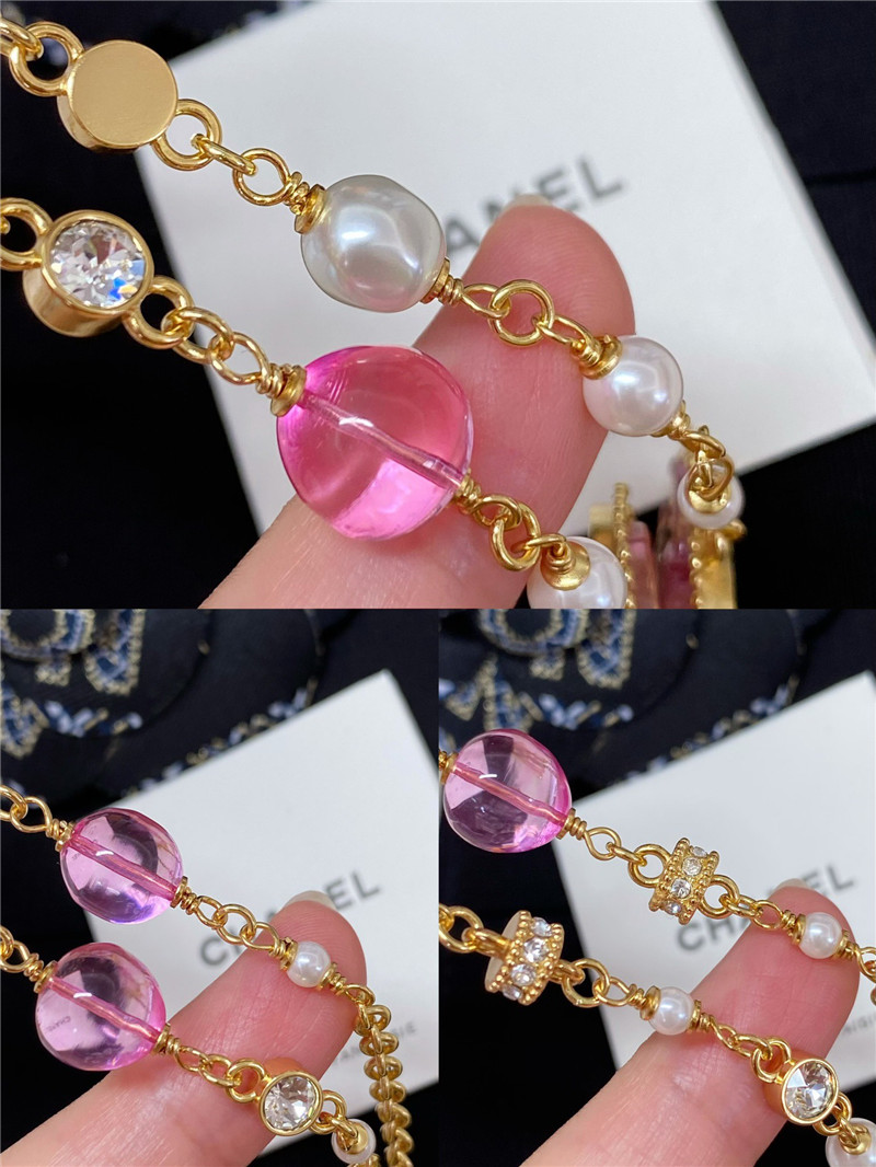 Ch**el pink crystal glass double c pearl long necklace