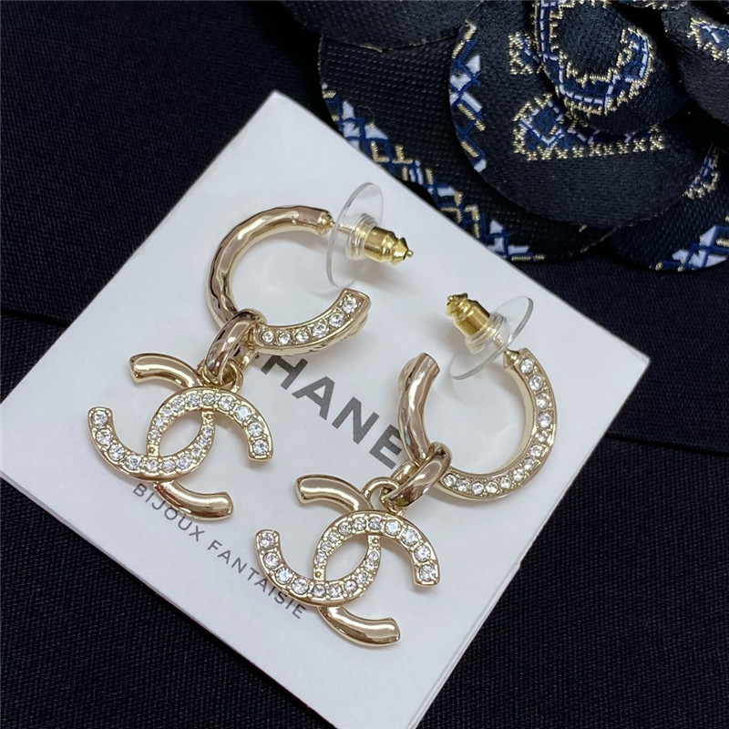 Ch**el gold double c rhinestone double earrings
