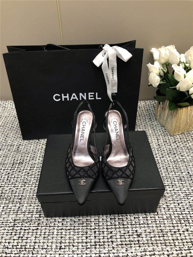 Ch**el black satin beaded slingback pumps