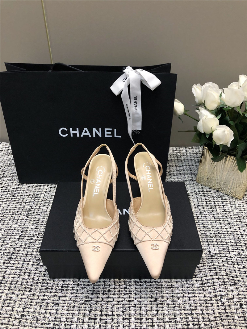 Ch**el beige satin beaded slingback pumps