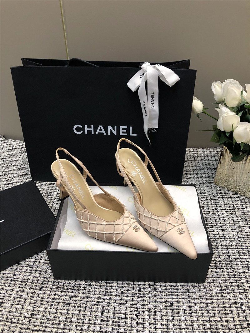 Ch**el beige satin beaded slingback pumps