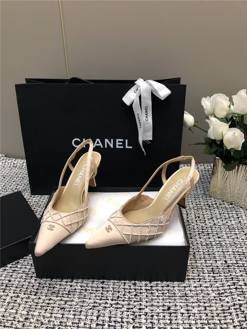 Ch**el beige satin beaded slingback pumps