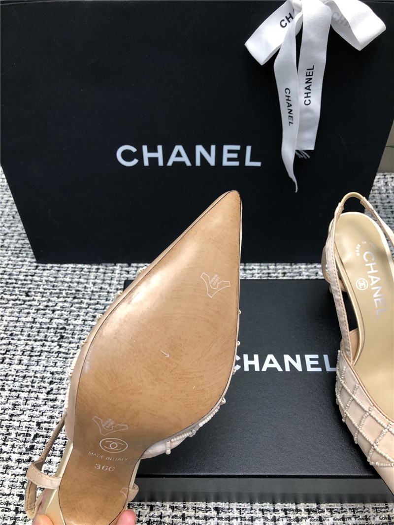 Ch**el beige satin beaded slingback pumps