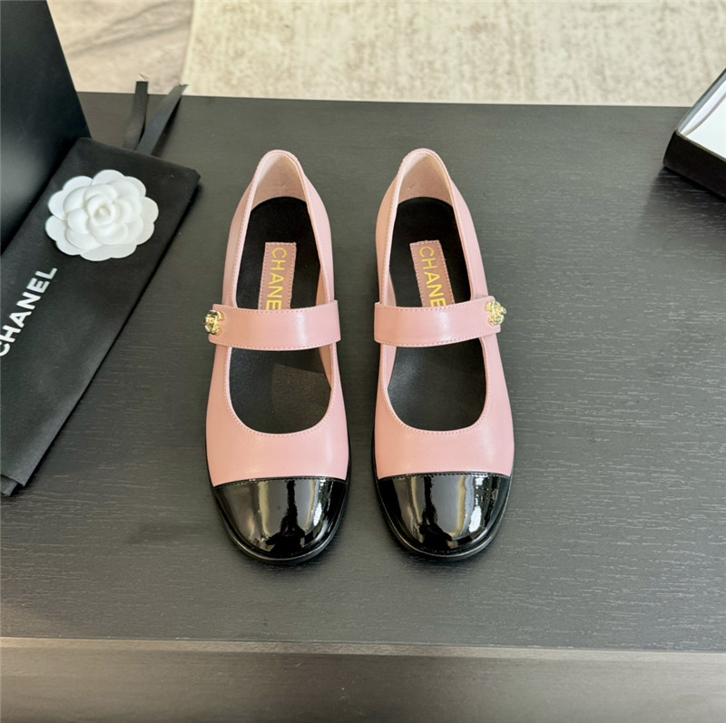 Ch**el gold interlock mary janes in pink and black calfskin