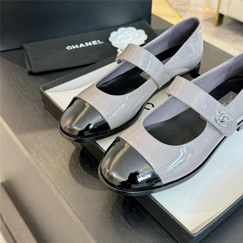 Ch**el silver interlock mary janes in grey patent calfskin