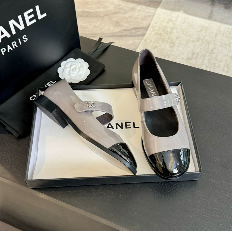 Ch**el silver interlock mary janes in grey patent calfskin