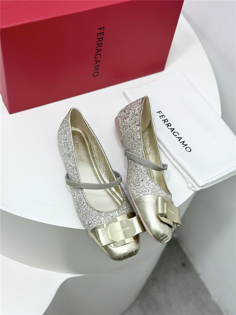 Ferragamo New Vara Plate Ballet Flat Silver Silk and Glitters