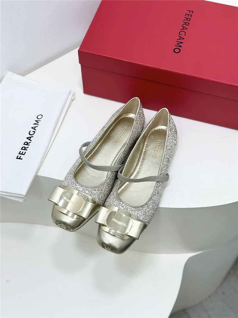 Ferragamo New Vara Plate Ballet Flat Silver Silk and Glitters
