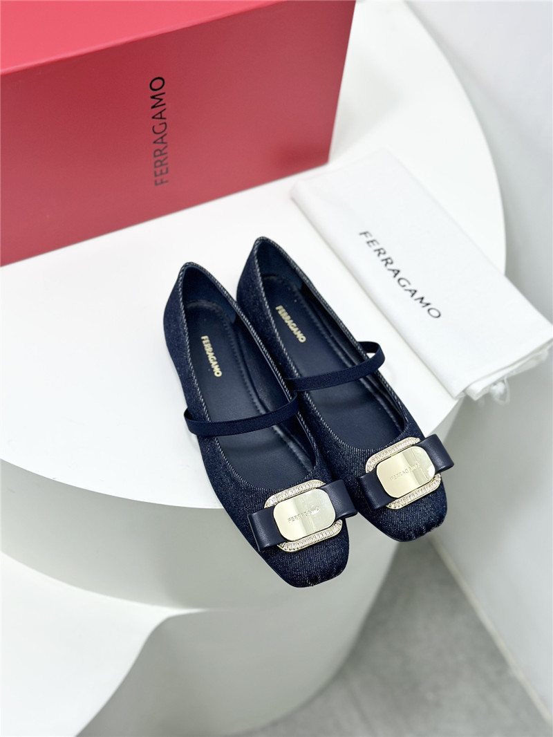 Ferragamo New Vara Plate Ballet Flat Navy Blue Fabric