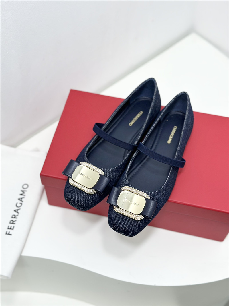 Ferragamo New Vara Plate Ballet Flat Navy Blue Fabric