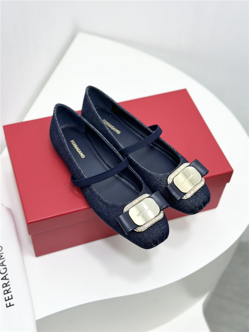 Ferragamo New Vara Plate Ballet Flat Navy Blue Fabric