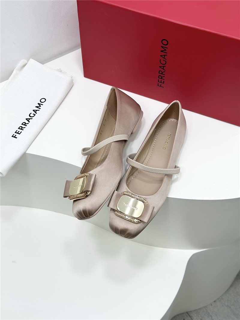 Ferragamo New Vara Plate Ballet Flat Neutral Silk
