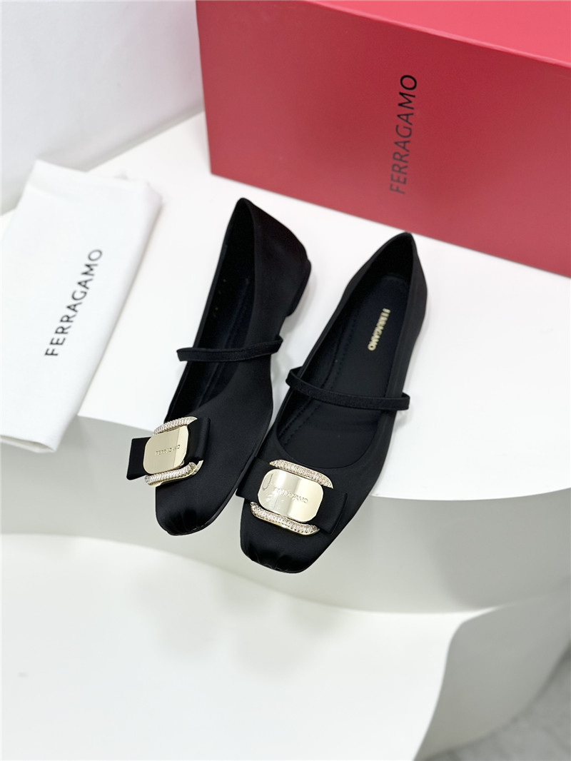 Ferragamo New Vara Plate Ballet Flat Black Silk