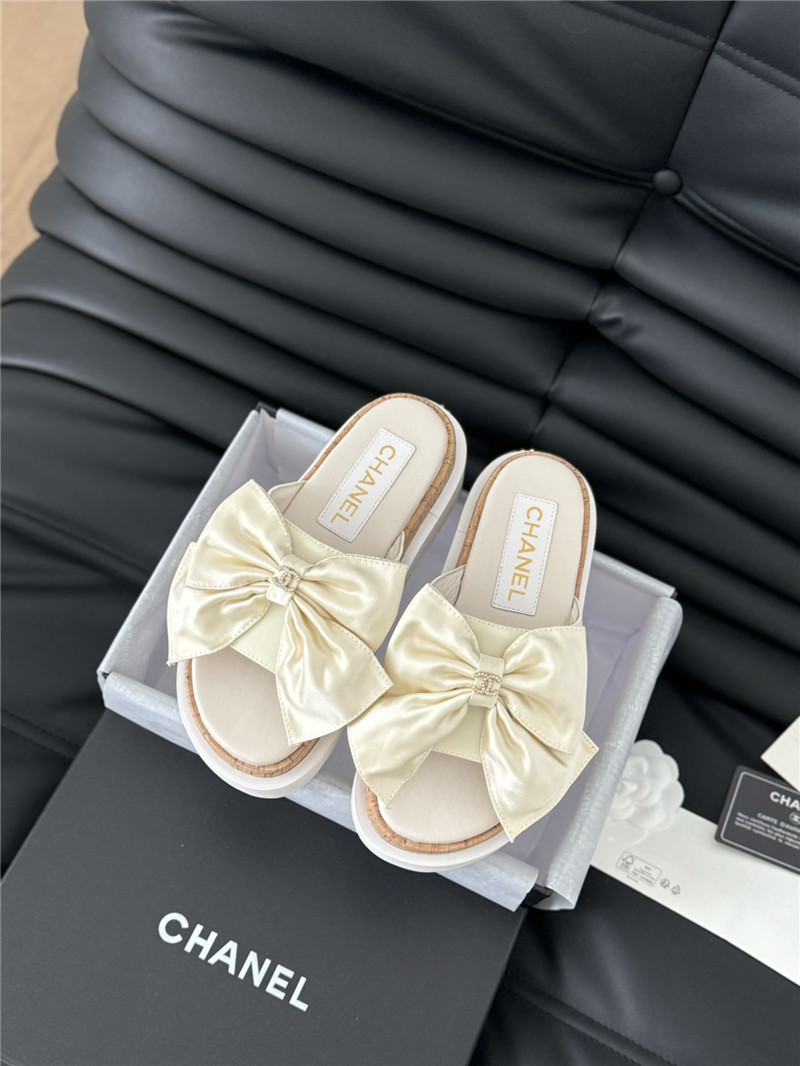 Ch**el silk bow leather platform sandals with crystal Ch**el ivory