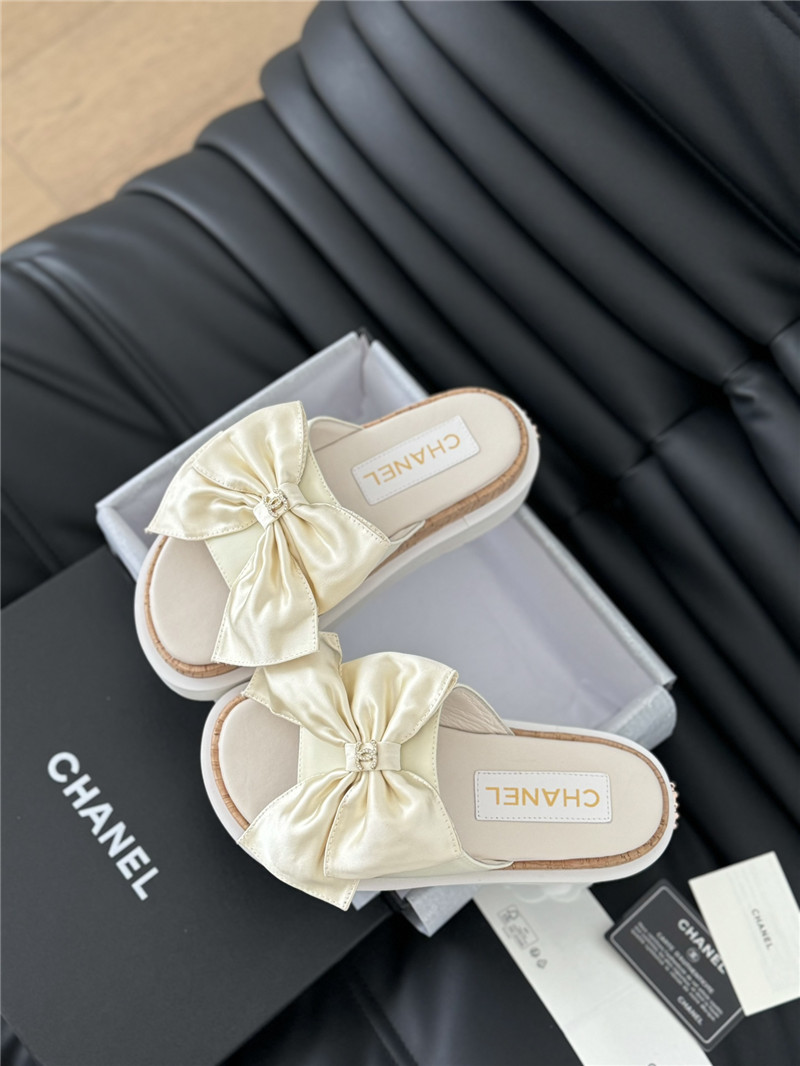 Ch**el silk bow leather platform sandals with crystal Ch**el ivory