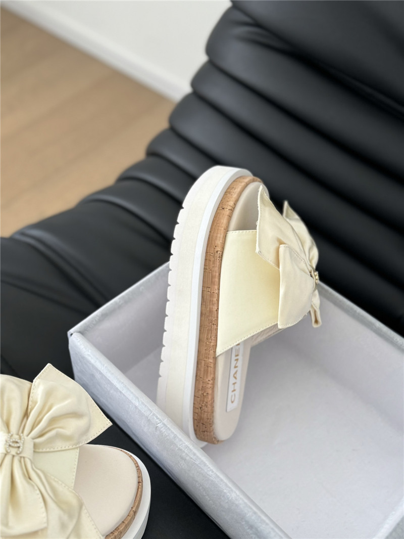 Ch**el silk bow leather platform sandals with crystal Ch**el ivory