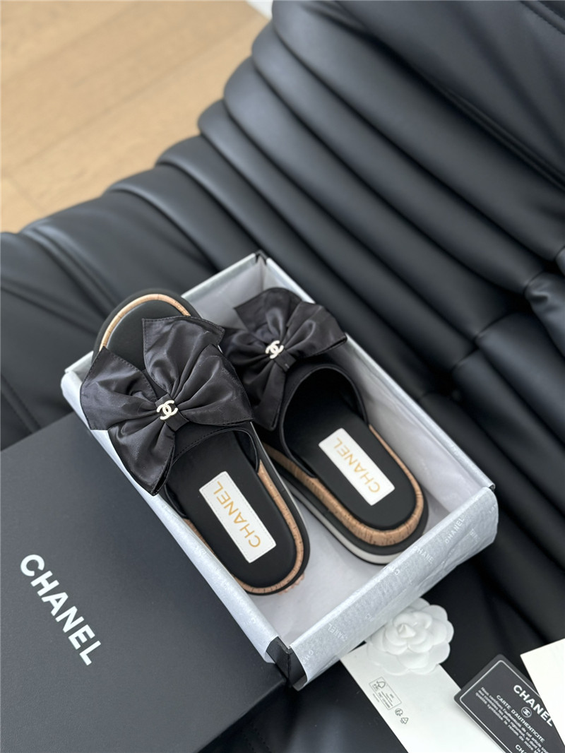 Ch**el silk bow leather platform sandals with crystal Ch**el black