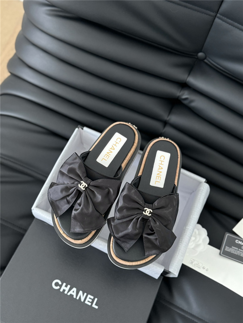 Ch**el silk bow leather platform sandals with crystal Ch**el black