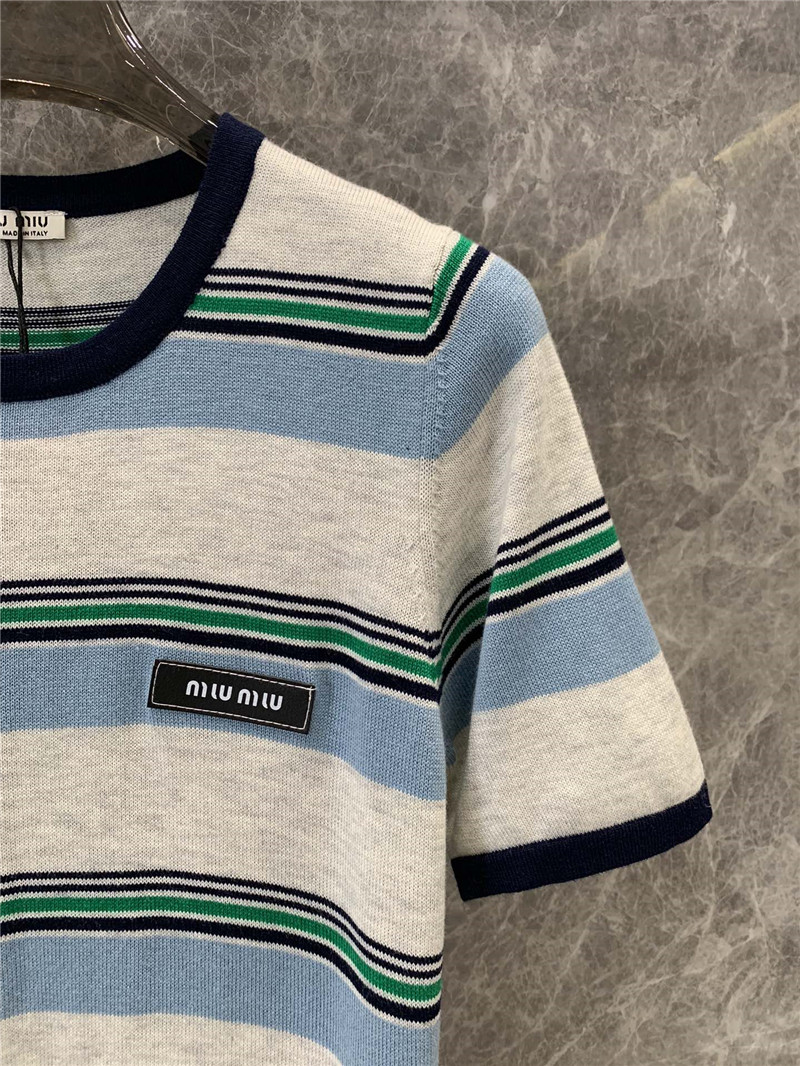 M1um1u round neck striped knitted short-sleeved top replica clothes