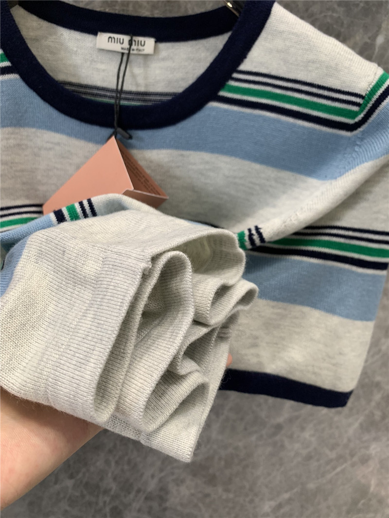 M1um1u round neck striped knitted short-sleeved top replica clothes
