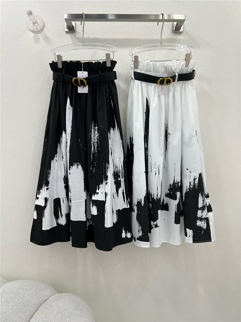 D10r waistband lace pleated ink painting long skirt replica clothing