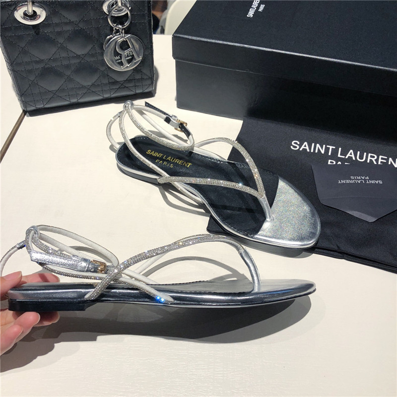 Sa1nt Lau*nt nadja silver rhinestone flat sandals
