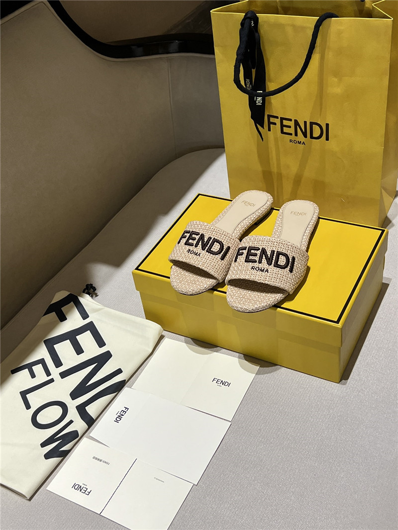 F**di signature fabric beige cotton fiber slides