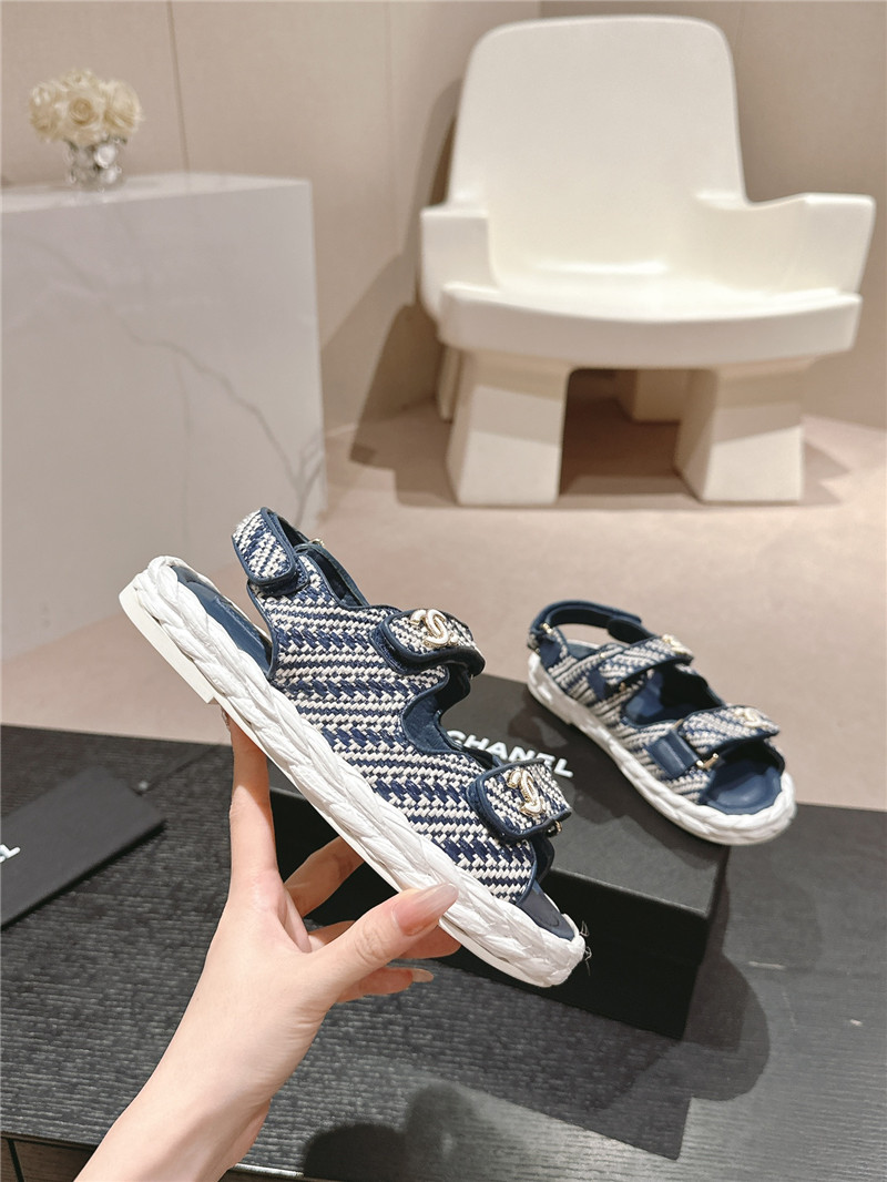 Ch**el crochet velcro straps beach sandals navy and white