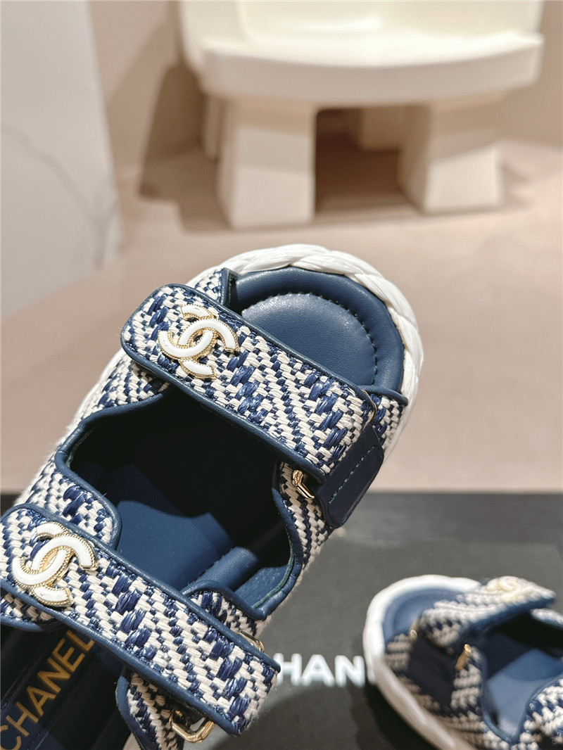 Ch**el crochet velcro straps beach sandals navy and white