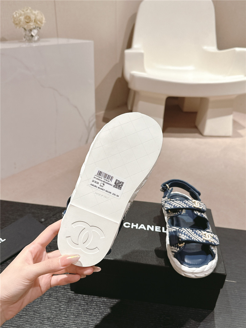 Ch**el crochet velcro straps beach sandals navy and white