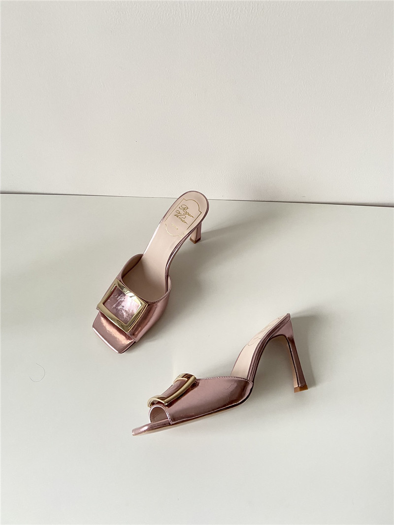 Roger Vivier Trumpet Mules in Rose Metallic Leather