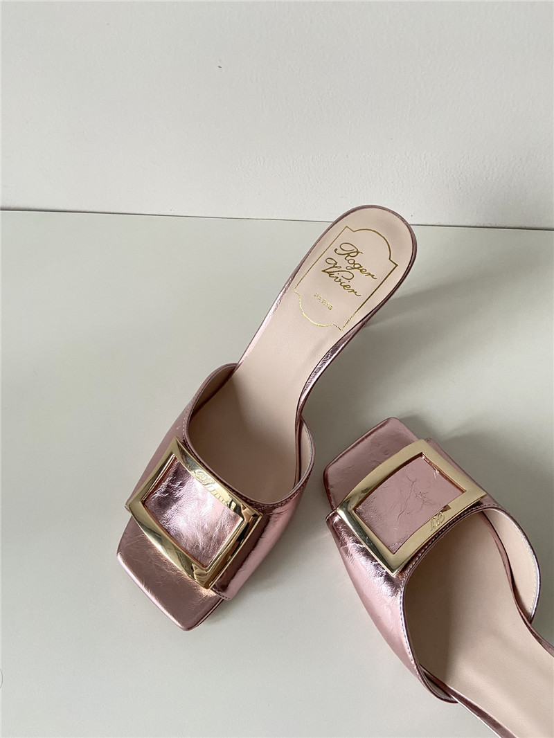 Roger Vivier Trumpet Mules in Rose Metallic Leather