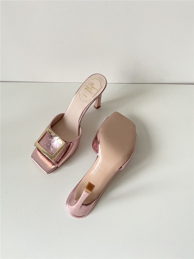 Roger Vivier Trumpet Mules in Rose Metallic Leather